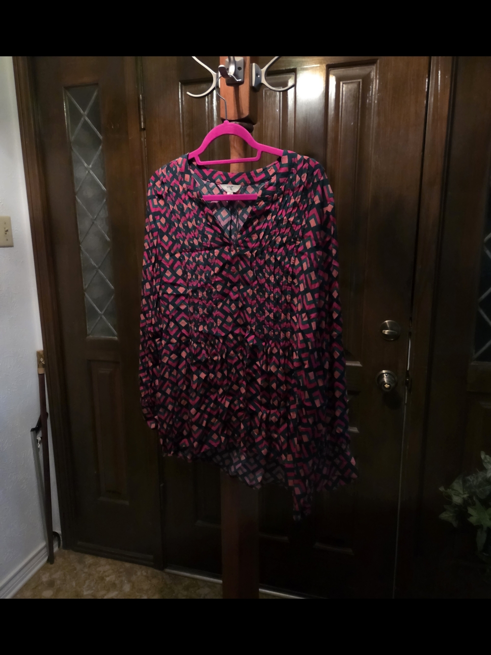 Terra & Sky Pink and Black Geometric V-Neck Blouse